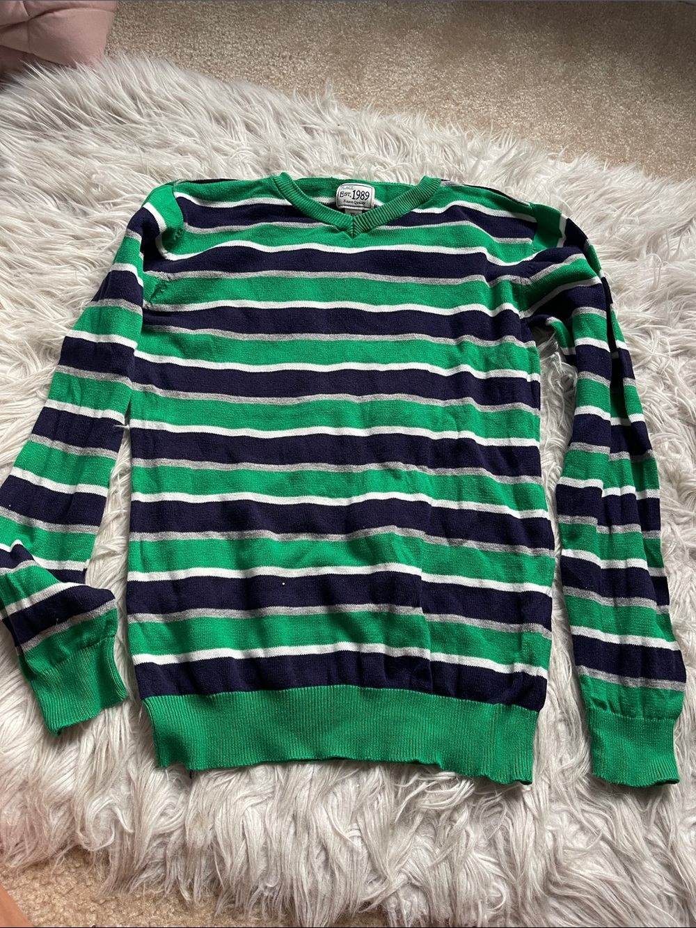 Place Striped V-Neck Sweater in Green and Navy